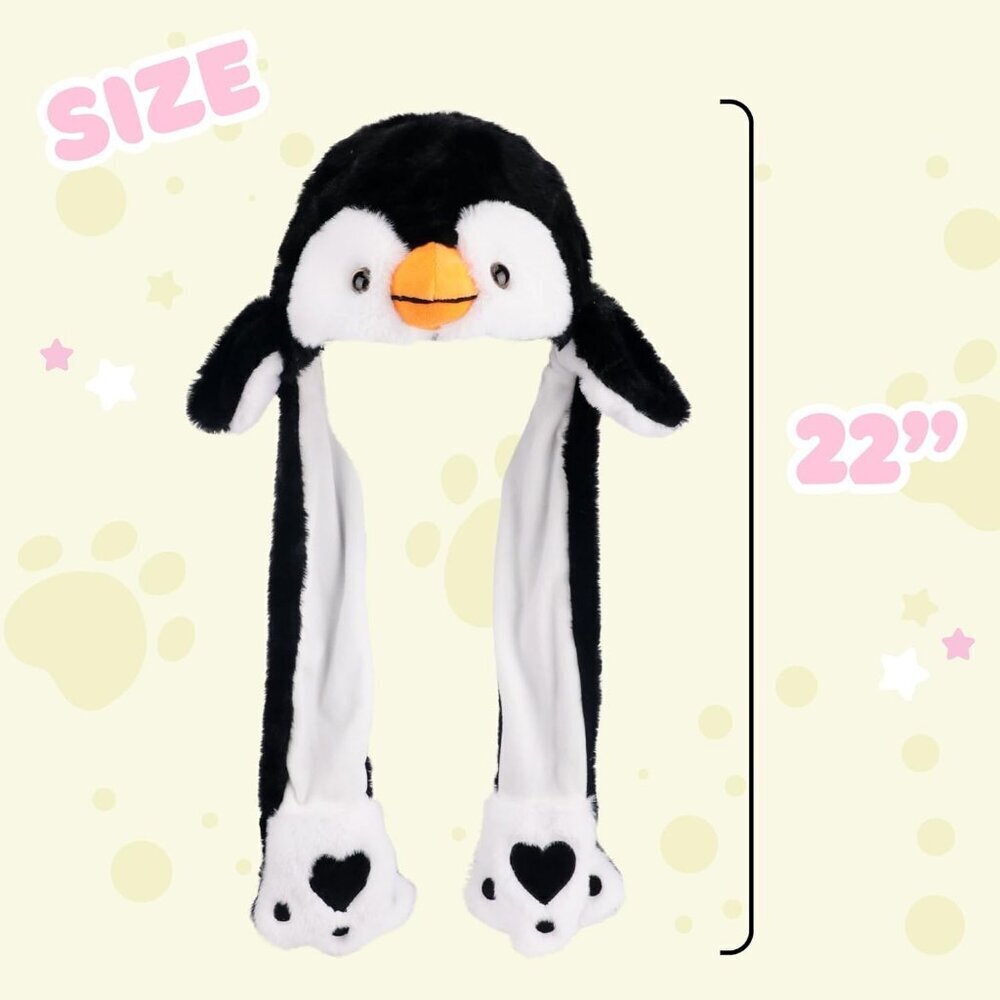 Kids Penguin Animal Hat with Ears Moving Jumping Pop Up Beating Plush Holiday - Picture 2 of 6